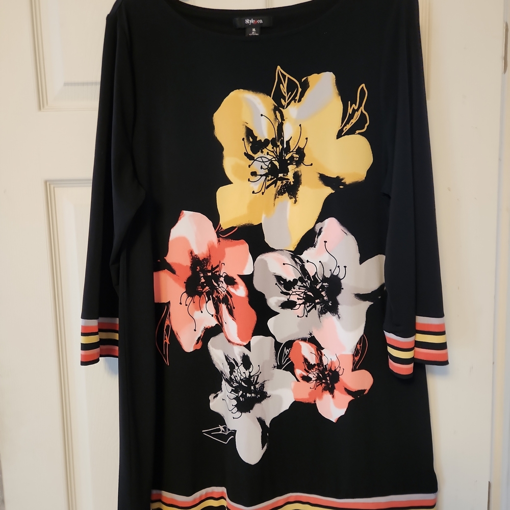 Style & Co Colorful Black Tunic Dress EUC